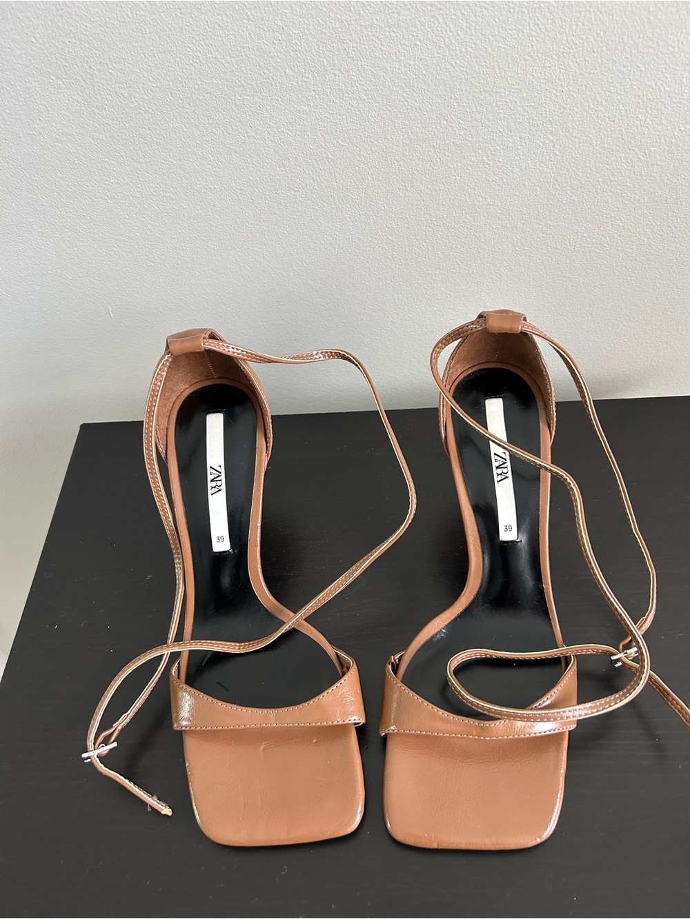 Zara Brown Square-Toe Heel Sandals, Size 39.